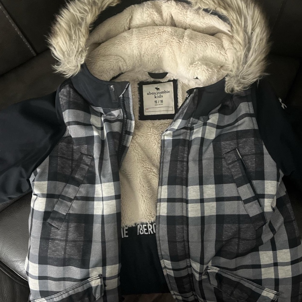 Abercrombie Kids Plaid Puffer Jacket with Fur Hood